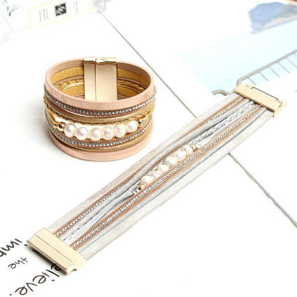 Silver Leather Pearl Bangle Cuff - Picture 3 of 4